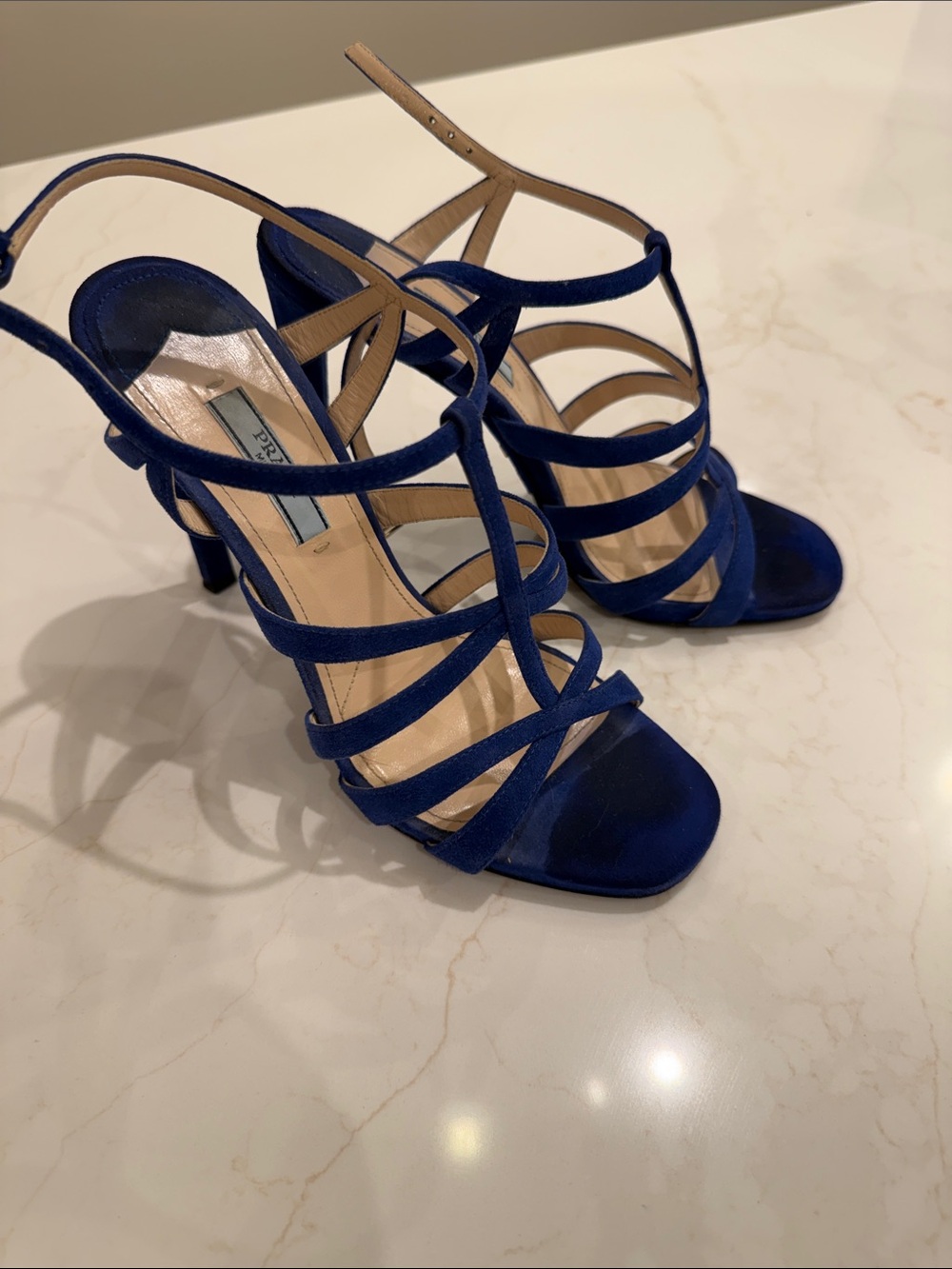 Prada Royal Blue Suede Strappy High Heel Sandals